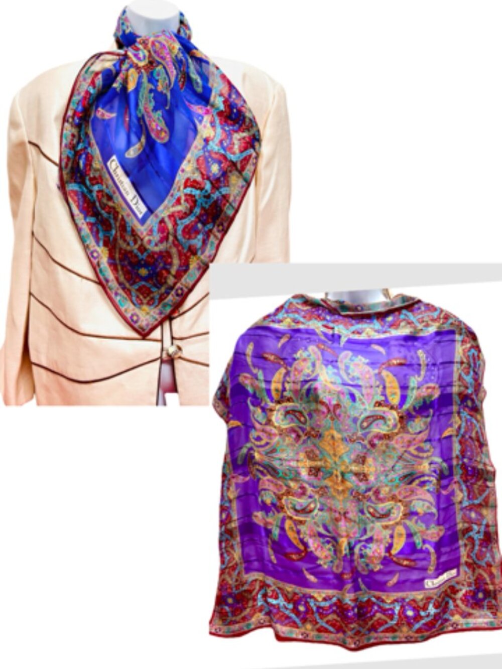 Christian Dior Soft 00% Silk Scarf Chiffon & Satin PurplePaisley Floral 31"(21 - Picture 7 of 14